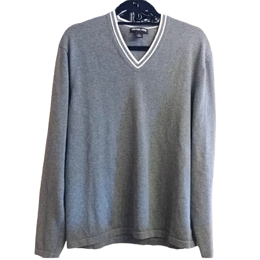 Michael Kors Men’s Light Gray V-Neck Sweater Stripe Collar Size Large
